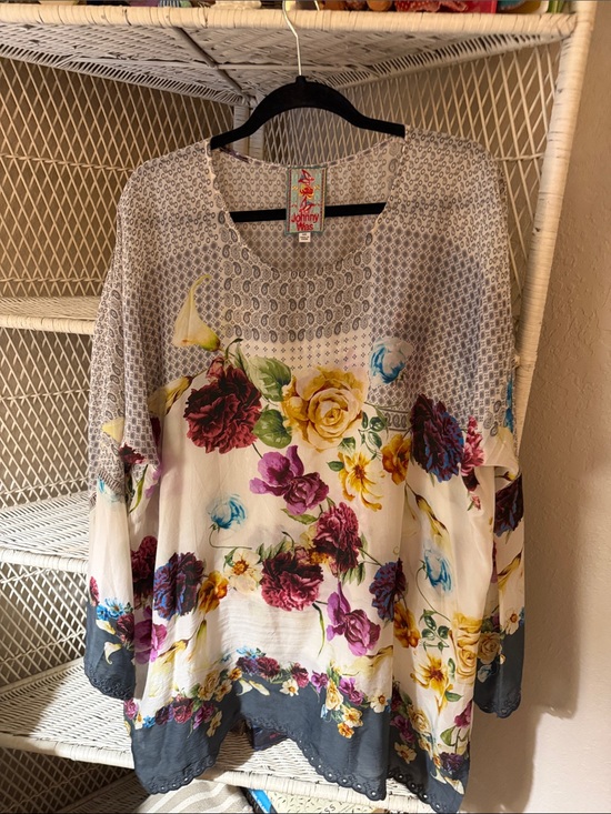 Johnny Was Tops - Johnny Was Cream Floral Mixed-Print Tunic with Navy Trim